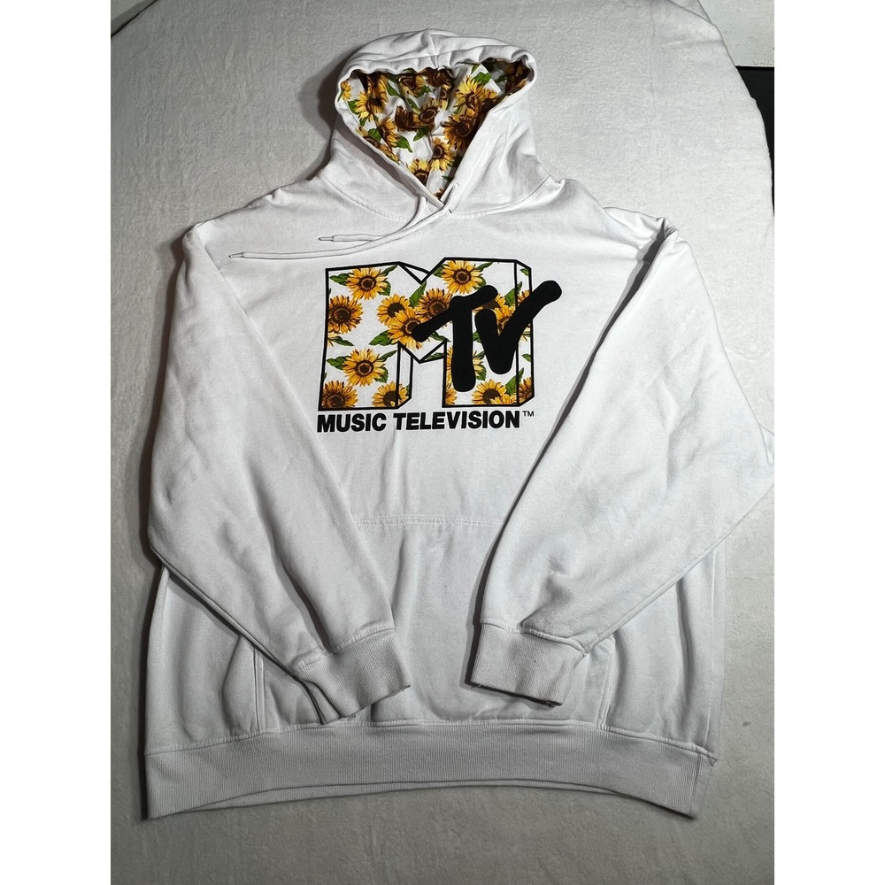 MTV Music Television Sunflower Logo Hoodie White Floral Graphic Sweatshirt XL